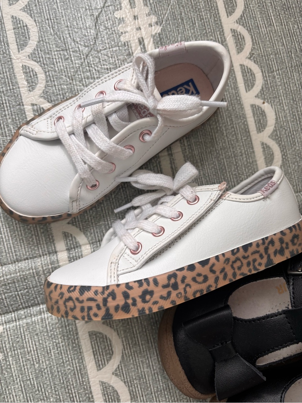 Keds Kids White Sneakers with Pink Eyelets and Leopard-Print Platform 8T
